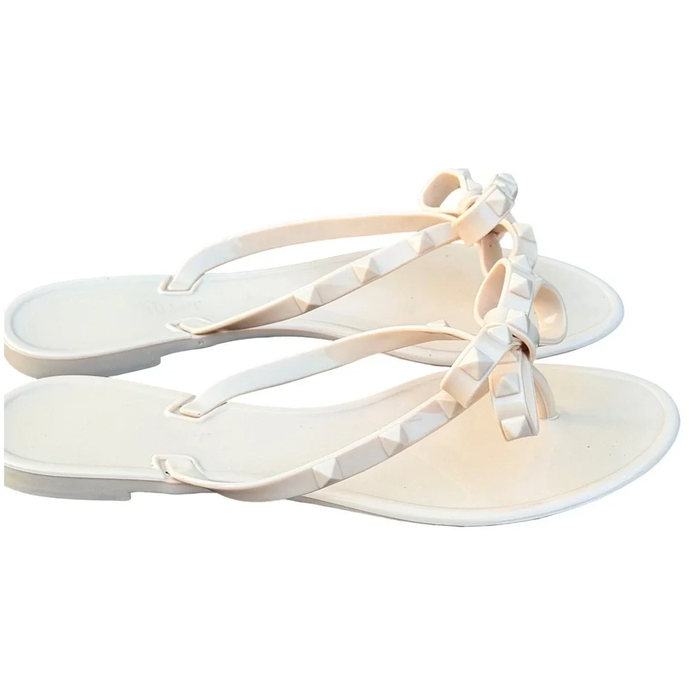 Jelly Sandals Womens 37 Nude Beige Studded Bow Flip Flop Thong Rockstud Style